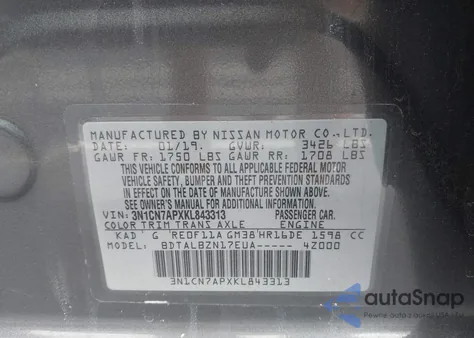 2019 Nissan Versa 1.6 Sv from USA, damaged, VIN 3N1CN7APXKL843313